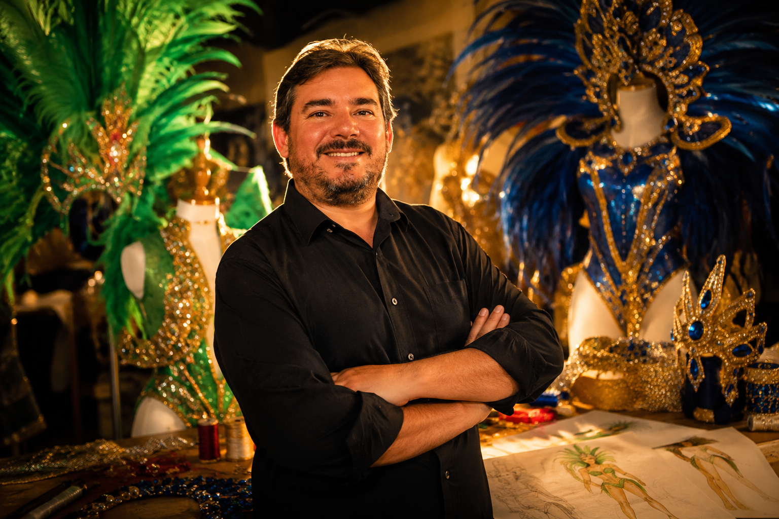 Francisco Malafarina no ateliê com fantasias em produção